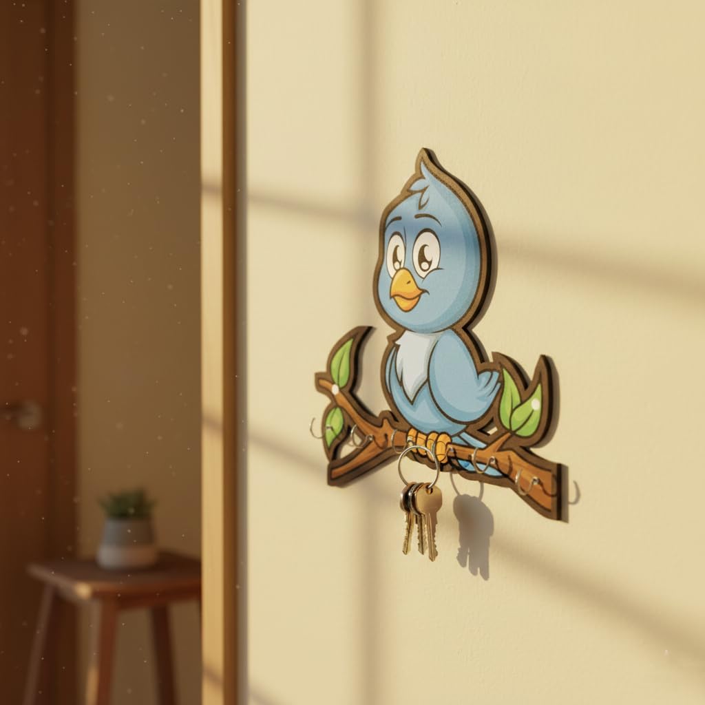 Wooden Cute Love Birds Key Holder for Wall Decor - 7 Hooks - Stylish Entryway Wall Hanger & Home Organizer - 7 x 6 Inches (Blue)