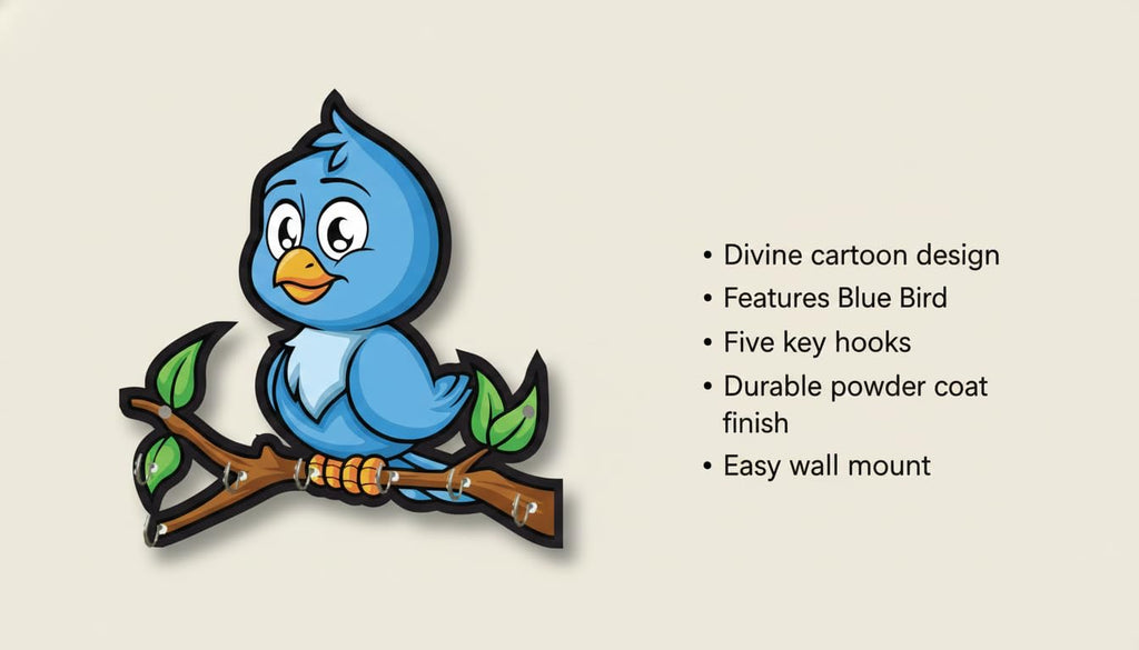 Wooden Cute Love Birds Key Holder for Wall Decor - 7 Hooks - Stylish Entryway Wall Hanger & Home Organizer - 7 x 6 Inches (Blue)