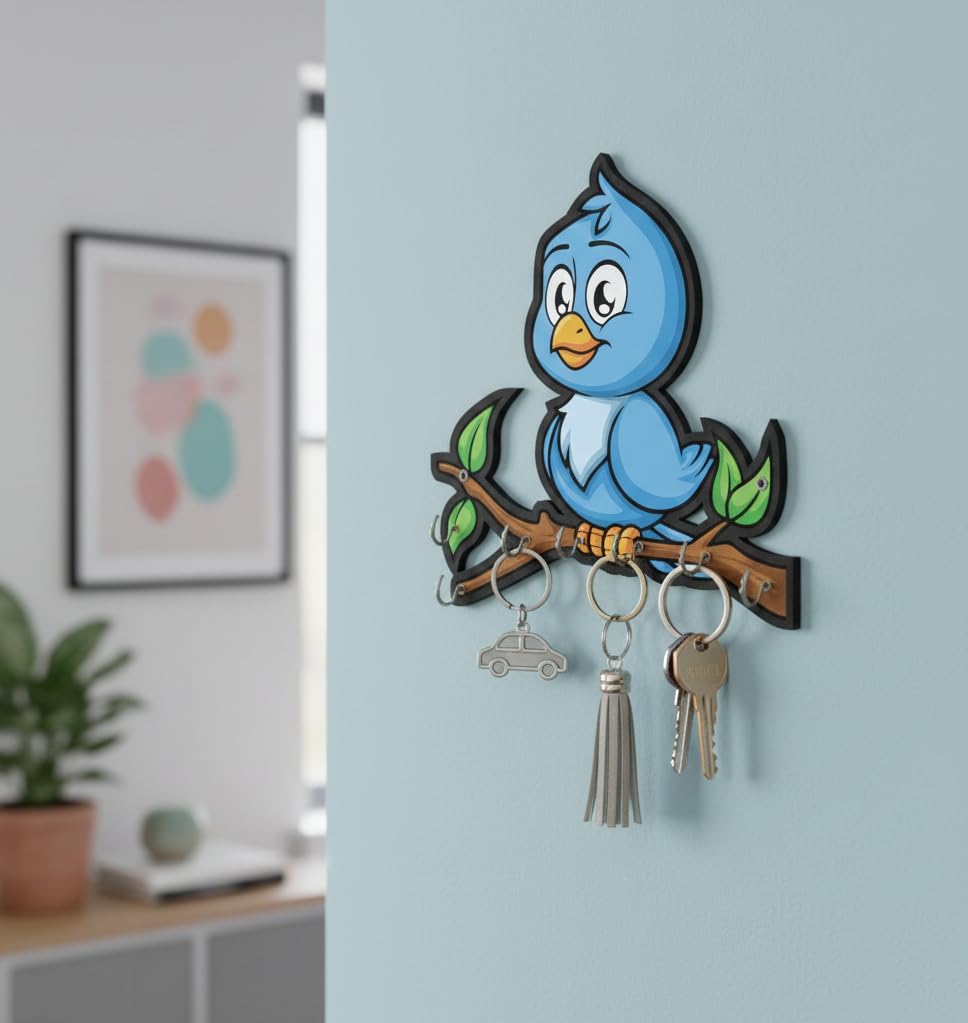 Wooden Cute Love Birds Key Holder for Wall Decor - 7 Hooks - Stylish Entryway Wall Hanger & Home Organizer - 7 x 6 Inches (Blue)