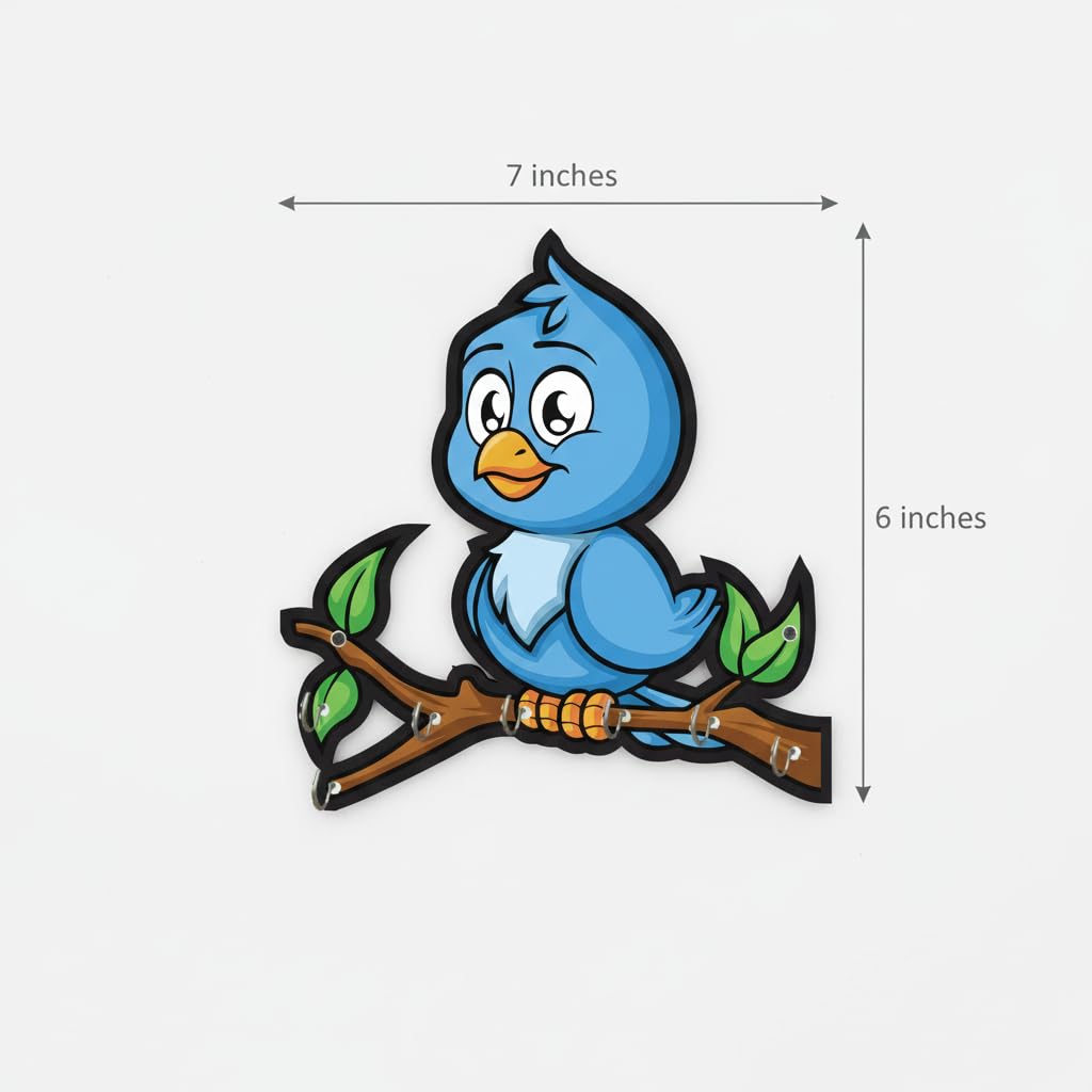 Wooden Cute Love Birds Key Holder for Wall Decor - 7 Hooks - Stylish Entryway Wall Hanger & Home Organizer - 7 x 6 Inches (Blue)
