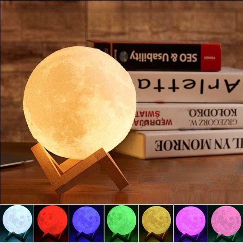 One94Store 3D Moon Lamp 7 Colour Changeable Sensor Moon Night Light Lamp, Touch Control, Moonlight Lamp with Stand & USB for Bedrooms Valentine Gifts, Festival, Wedding Gifts (13 cm) Plastic, LED