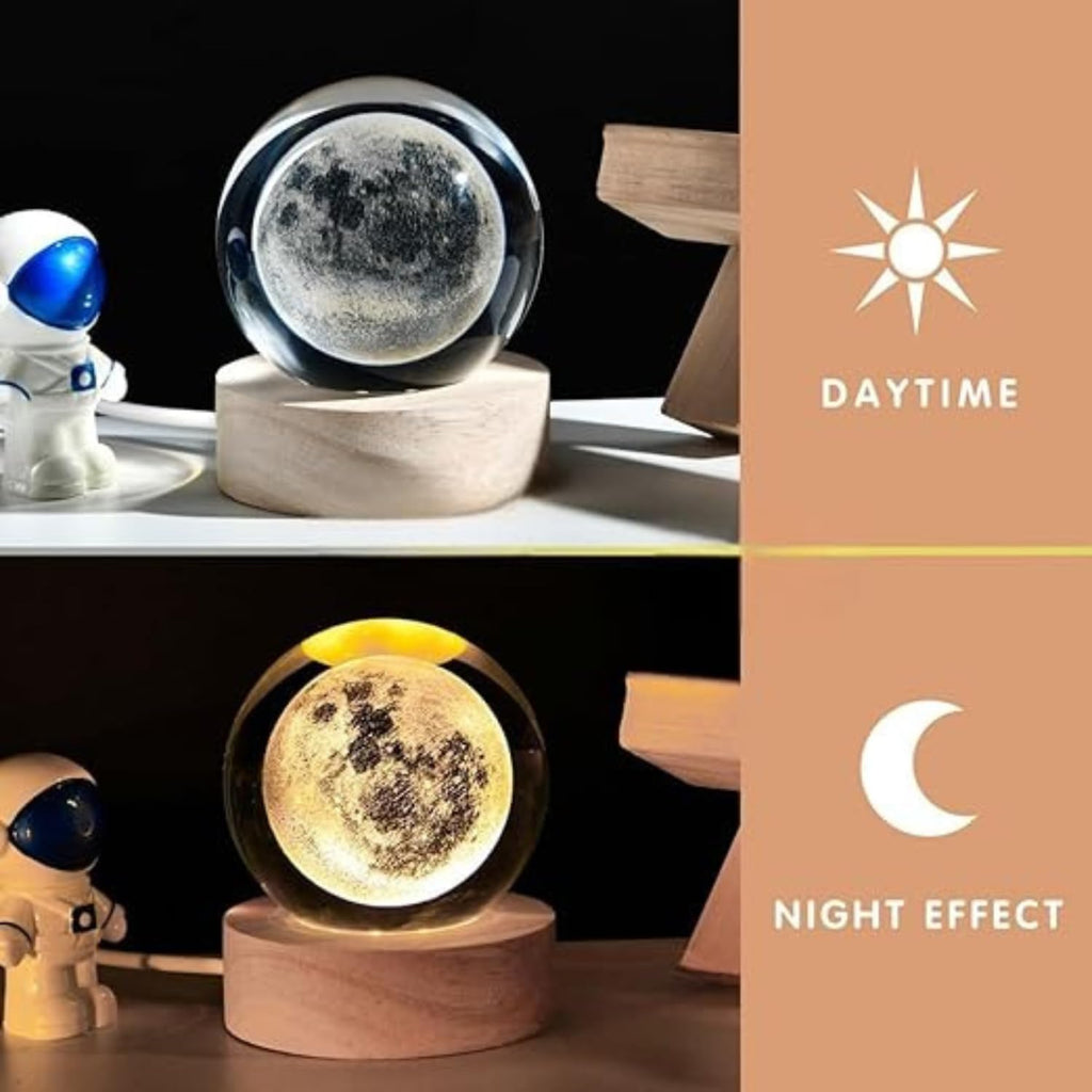 One94Store 3D Crystal Moon Lamp | Engraved Crystal Ball LED Night Light with Wooden Base, USB Powered | Romantic Home Décor & Valentine Day Gift for Her, Him & Couples (Warm White)