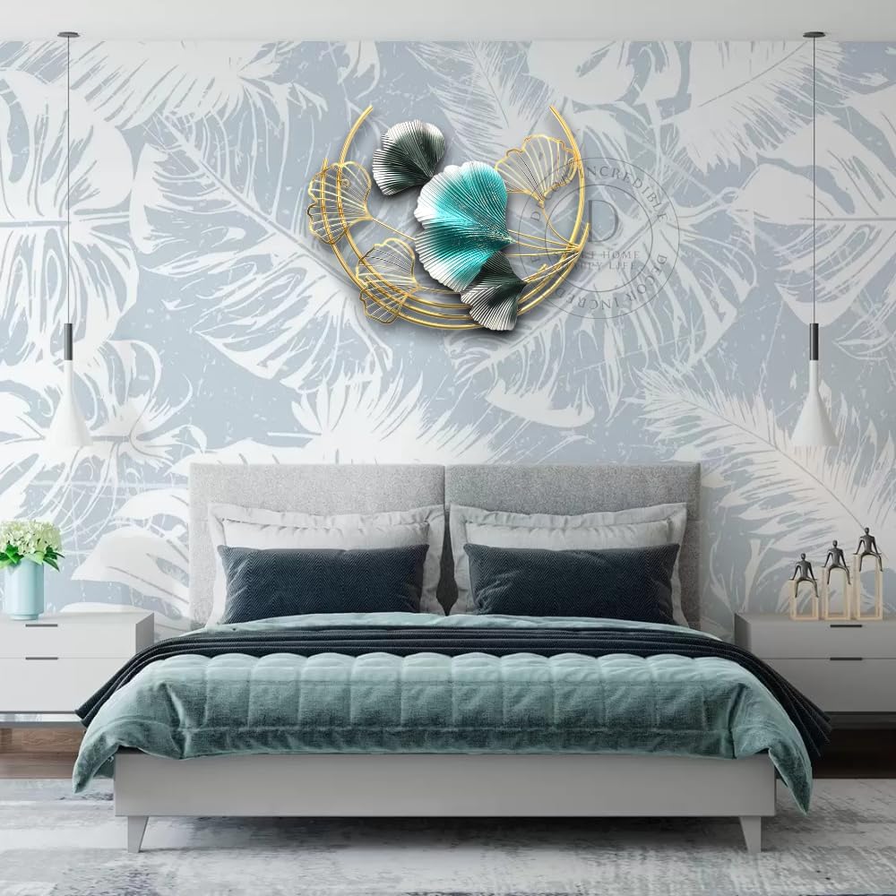 Metal Wall Art For Home Decor Home Interior Decoration Hanging Ginkgo Ornaments Moon Cut Ring Flower Stylish Wall Decor For Bedroom Living Room Dining Study Room Office Farm Cafes House Hall Items 42cm