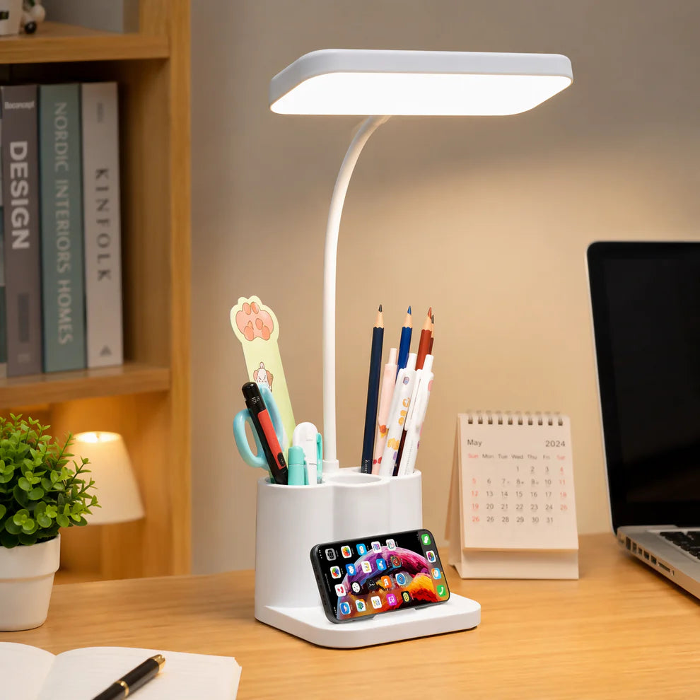LED Desk Lamp with Pen Holder & Mobile Stand | 360° Flexible Study Table Light