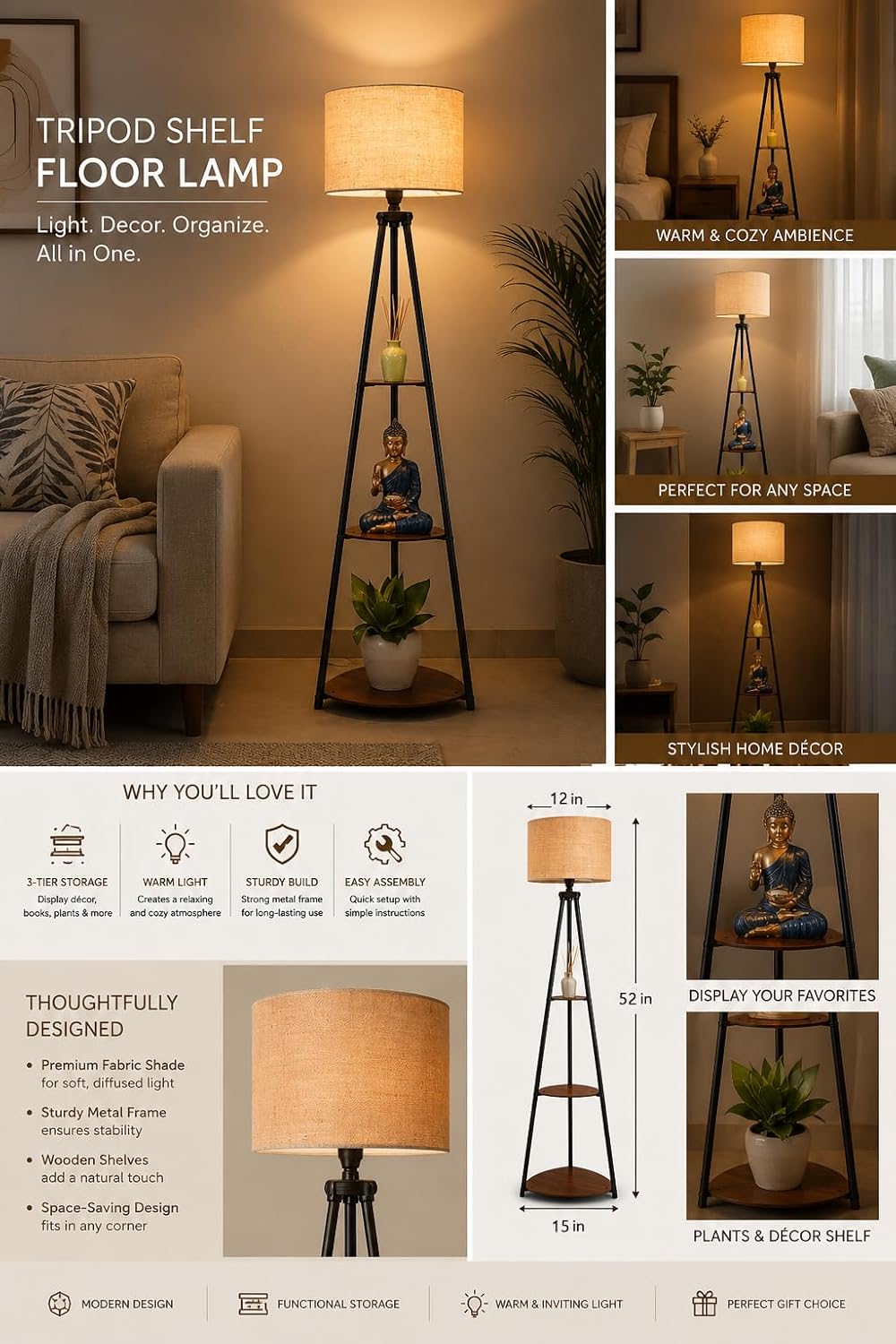 Crosscut Furniture LED Tripod Floor Lamp with 3 Shelves, Brown Jute, Metal Corner Floor Lamp, for Decoration and Gifting