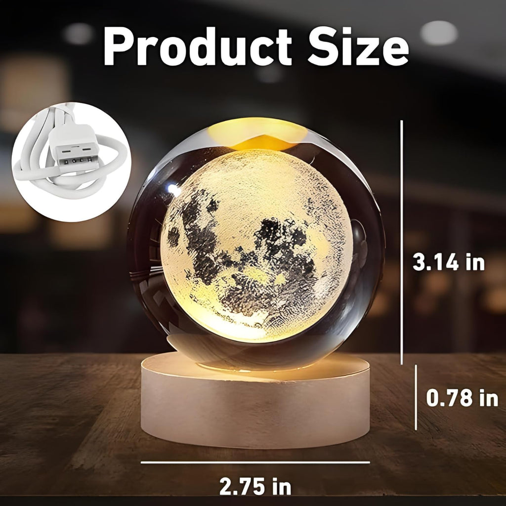 One94Store 3D Crystal Moon Lamp | Engraved Crystal Ball LED Night Light with Wooden Base, USB Powered | Romantic Home Décor & Valentine Day Gift for Her, Him & Couples (Warm White)
