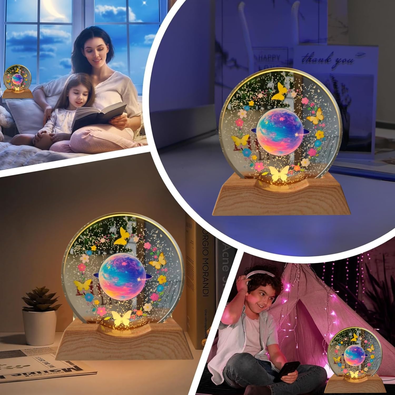 One94Store 3D Acrylic LED Night Light – Warm White & Colorful Planet, Butterfly Designs with Durable Plastic Base, Decorative Table Lamp for Bedroom, Living Room, Kids Room, Study & Home Décor Gifting