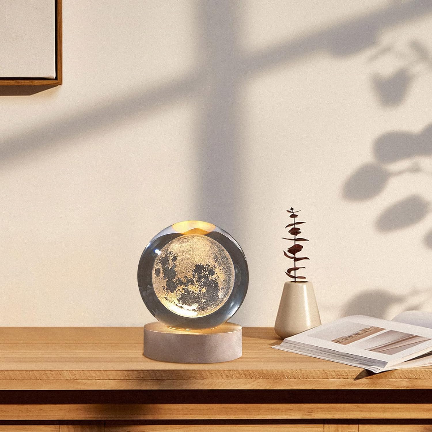 One94Store 3D Crystal Moon Lamp | Engraved Crystal Ball LED Night Light with Wooden Base, USB Powered | Romantic Home Décor & Valentine Day Gift for Her, Him & Couples (Warm White)