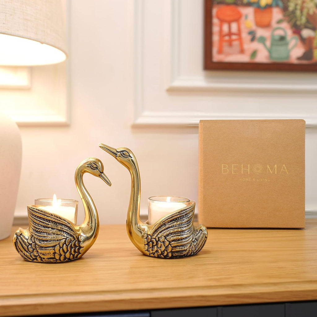 BEHOMA Aluminium Pair of Swans with Gift Box for Good Luck | Feng Shui Love Gifts Candle Holder for Home Decor Living Room | Showpiece Anniversary Wedding Gifts for Couple (Candles not Included) Gold