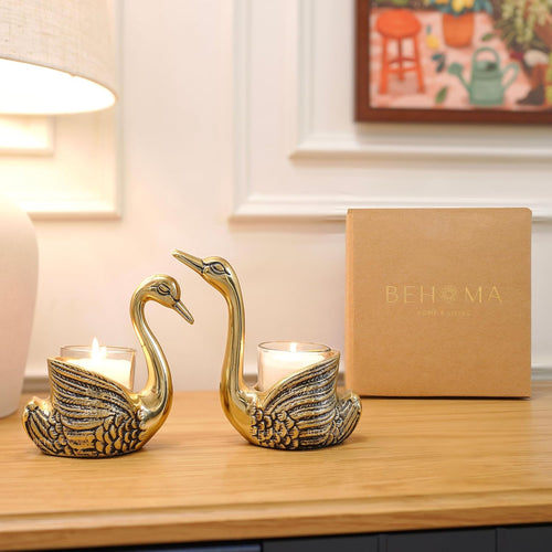 BEHOMA Aluminium Pair of Swans with Gift Box for Good Luck | Feng Shui Love Gifts Candle Holder for Home Decor Living Room | Showpiece Anniversary Wedding Gifts for Couple (Candles not Included) Gold