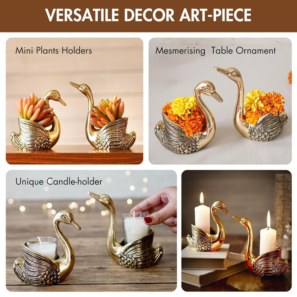BEHOMA Aluminium Pair of Swans with Gift Box for Good Luck | Feng Shui Love Gifts Candle Holder for Home Decor Living Room | Showpiece Anniversary Wedding Gifts for Couple (Candles not Included) Gold
