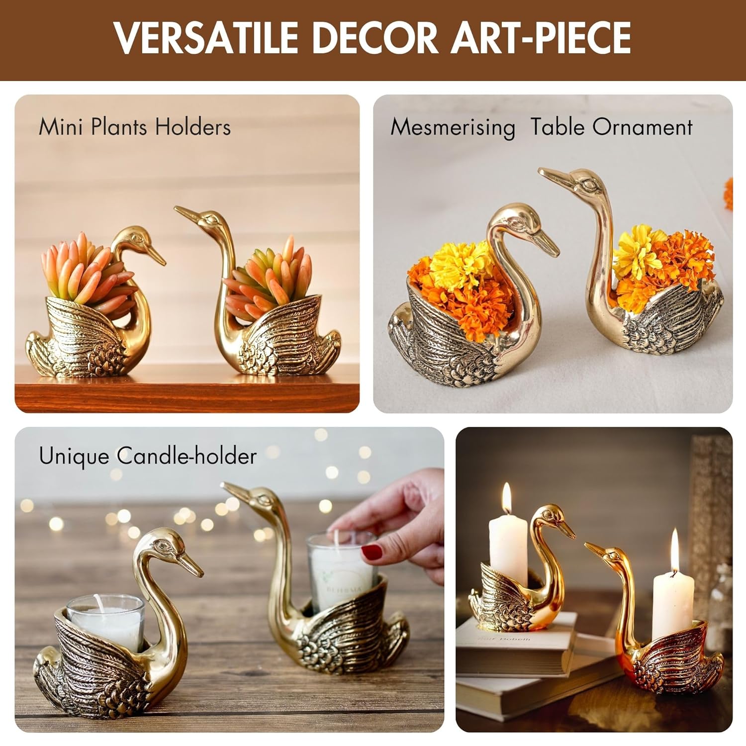 BEHOMA Aluminium Pair of Swans with Gift Box for Good Luck | Feng Shui Love Gifts Candle Holder for Home Decor Living Room | Showpiece Anniversary Wedding Gifts for Couple (Candles not Included) Gold