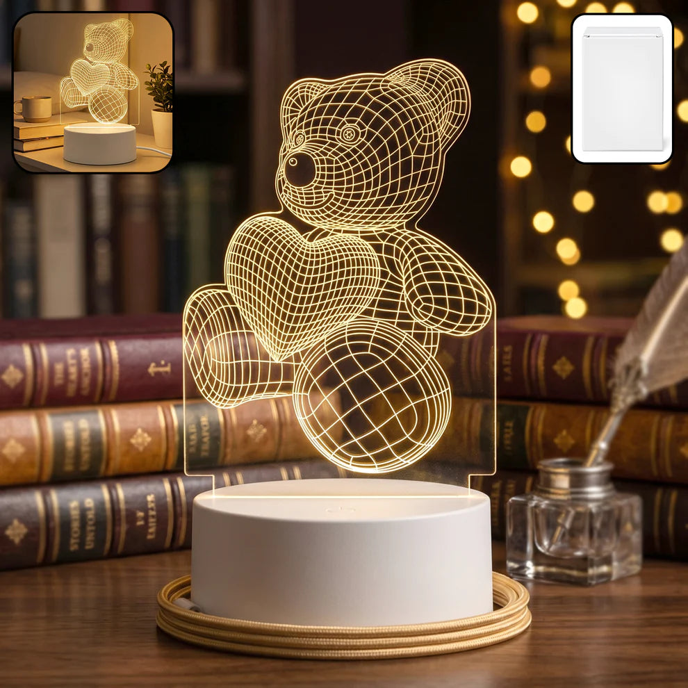 3D Teddy Bear LED Night Lamp | Acrylic Illusion Table Light for Bedroom & Kids Room