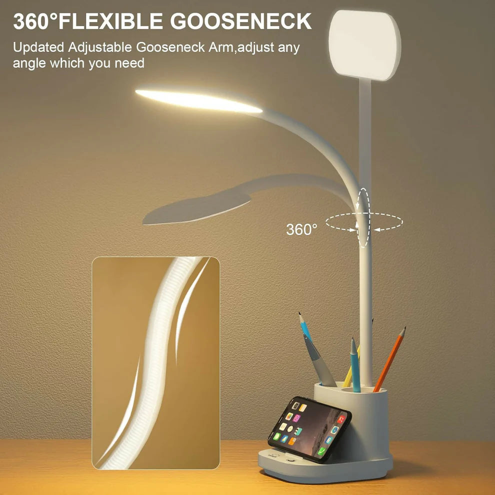 LED Desk Lamp with Pen Holder & Mobile Stand | 360° Flexible Study Table Light