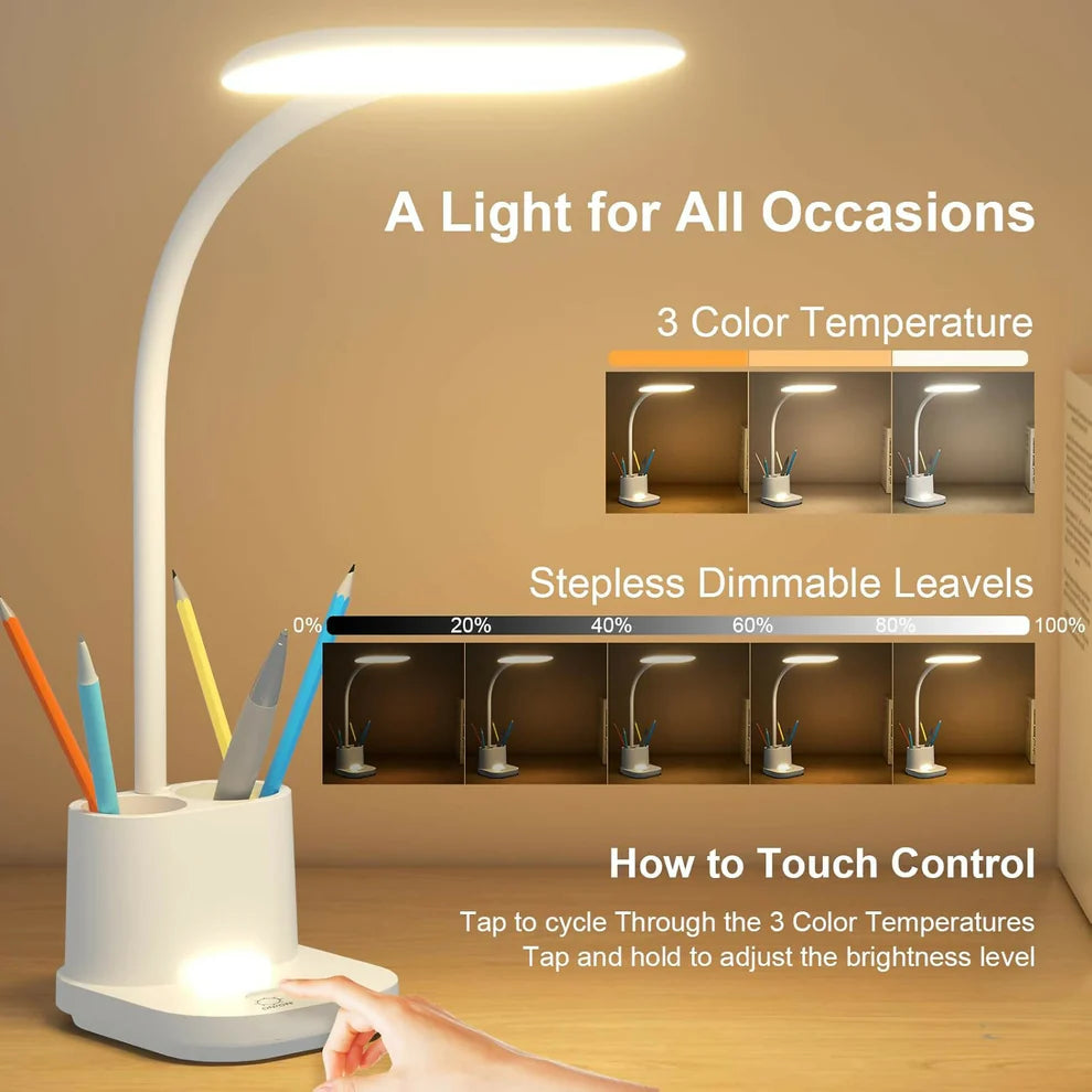 LED Desk Lamp with Pen Holder & Mobile Stand | 360° Flexible Study Table Light