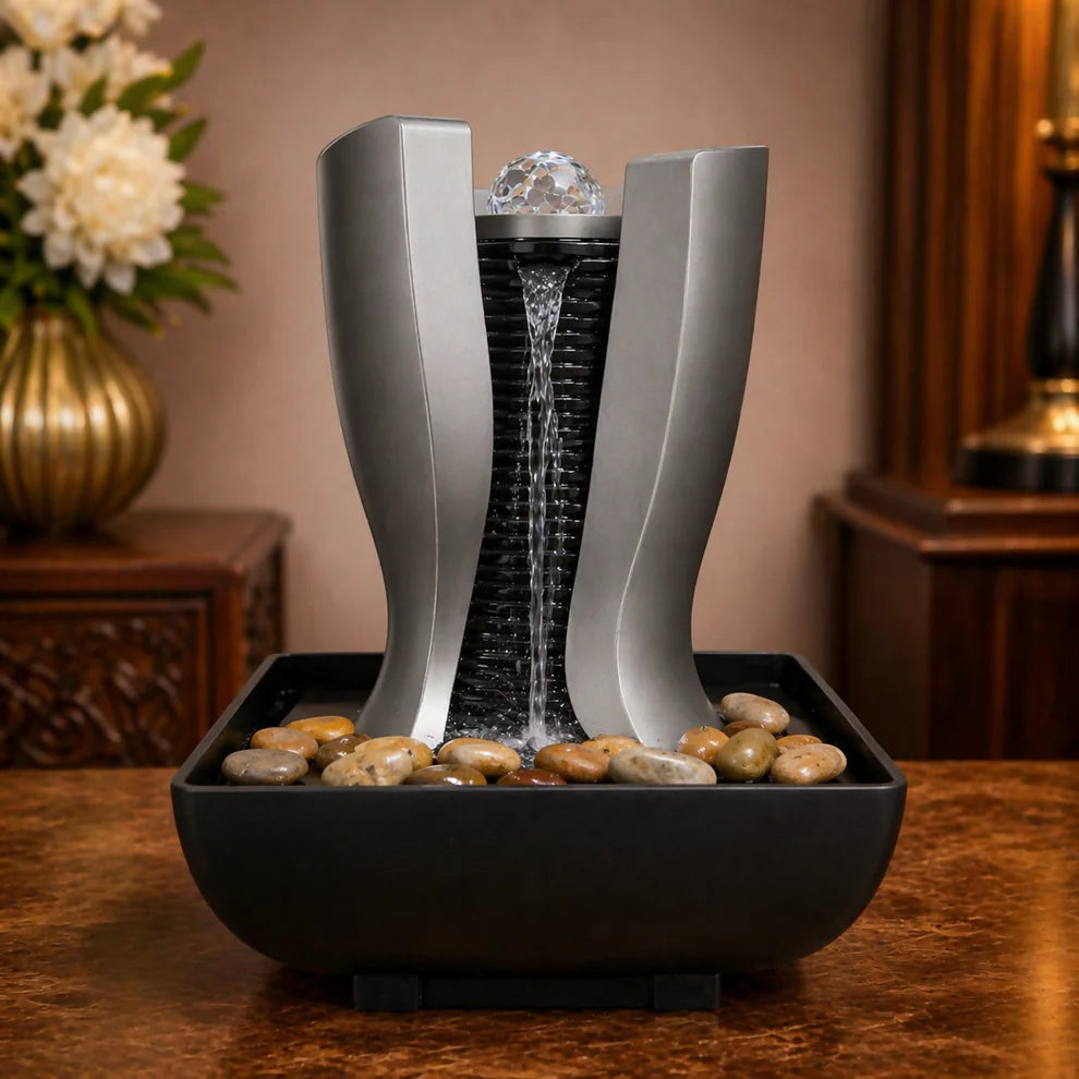 Indoor Water Fountain with LED Light | Tabletop Zen Fountain for Home & Office Decor