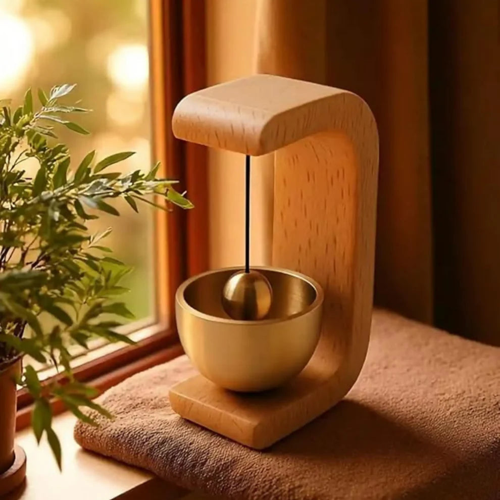 Wooden Meditation Bell | Handcrafted Brass Desk Bell for Mindfulness & Home Decor