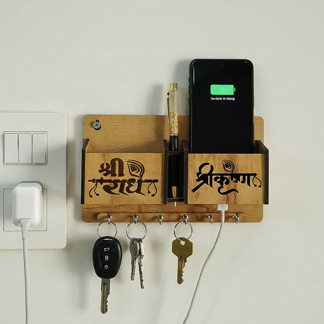 Wooden Wall-Mounted Key Holder with Mobile Stand